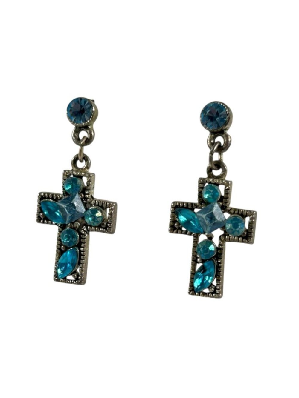 Blue Rhinestone Cross Dangle Earrings Silver Tone Religious Christian